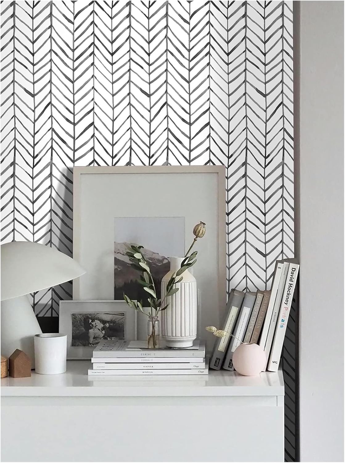 Peel Stick Accent Wallpaper Herringbone Black White Vinyl Removable Modern Chic