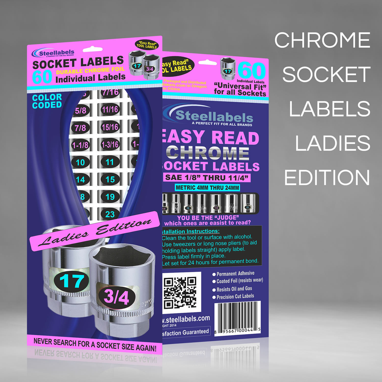 2 Chrome Socket Labels "Ladies Edition" Color Coded for "Easy Read" 60 stickers