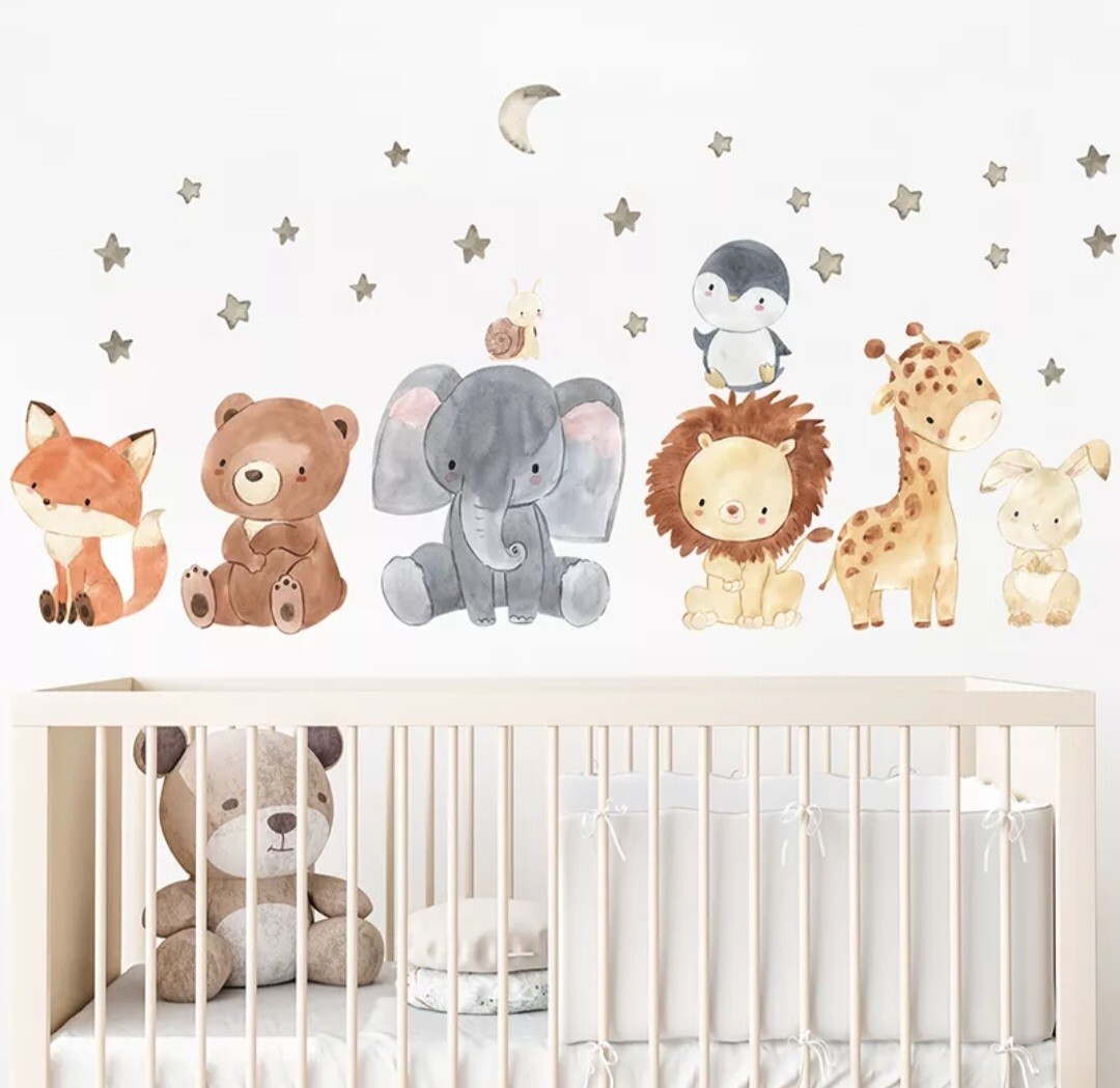 Watercolor Cartoon Cute Animals Wall Stickers peel and stick decal for kids baby
