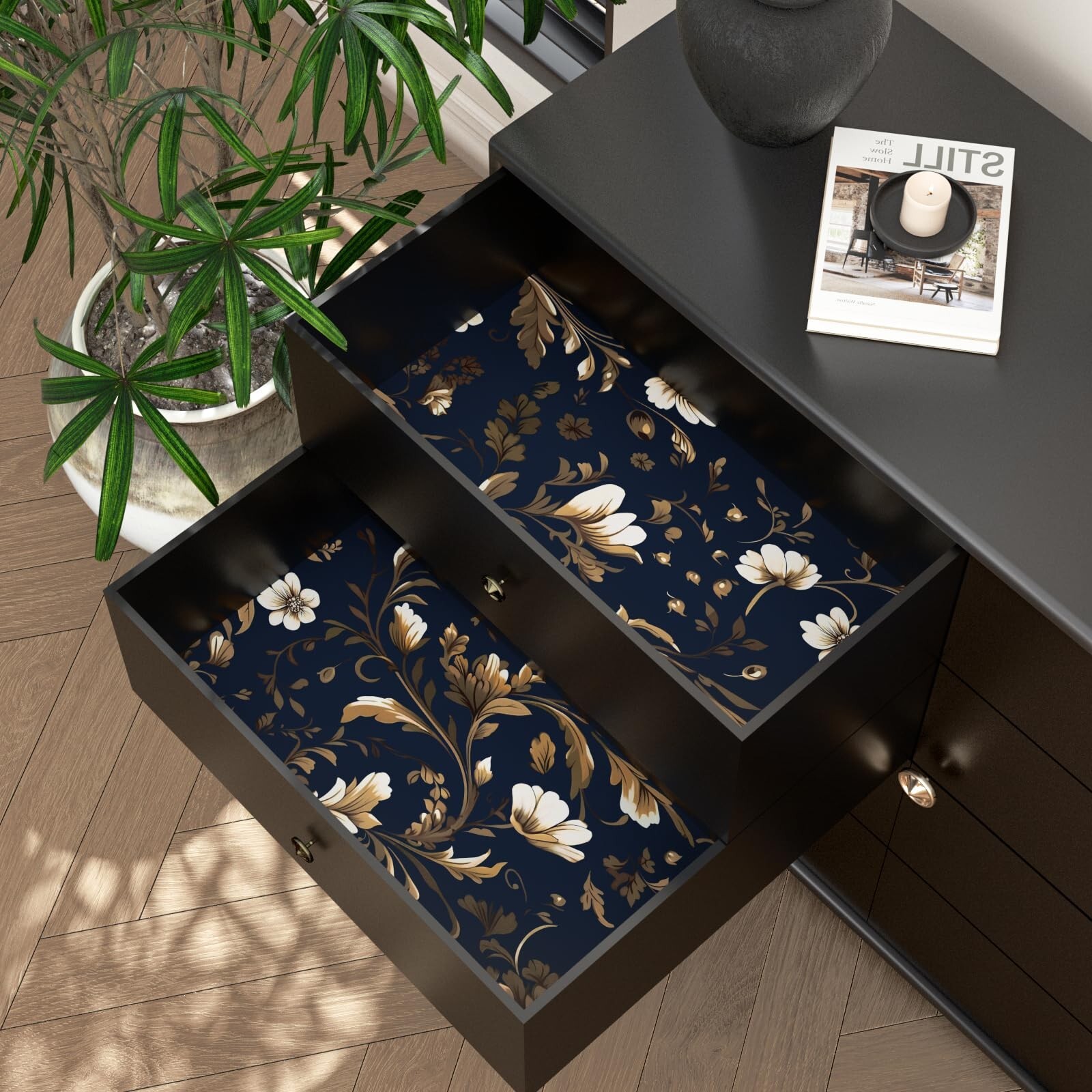 Gold Leaf Wallpaper Peel and Stick Vintage Leaf Contact Paper Dark Blue Flora…