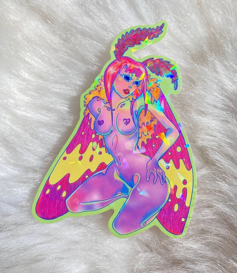 Rosy Maple Moth Fairy Holographic Sticker 4” X 2.75”