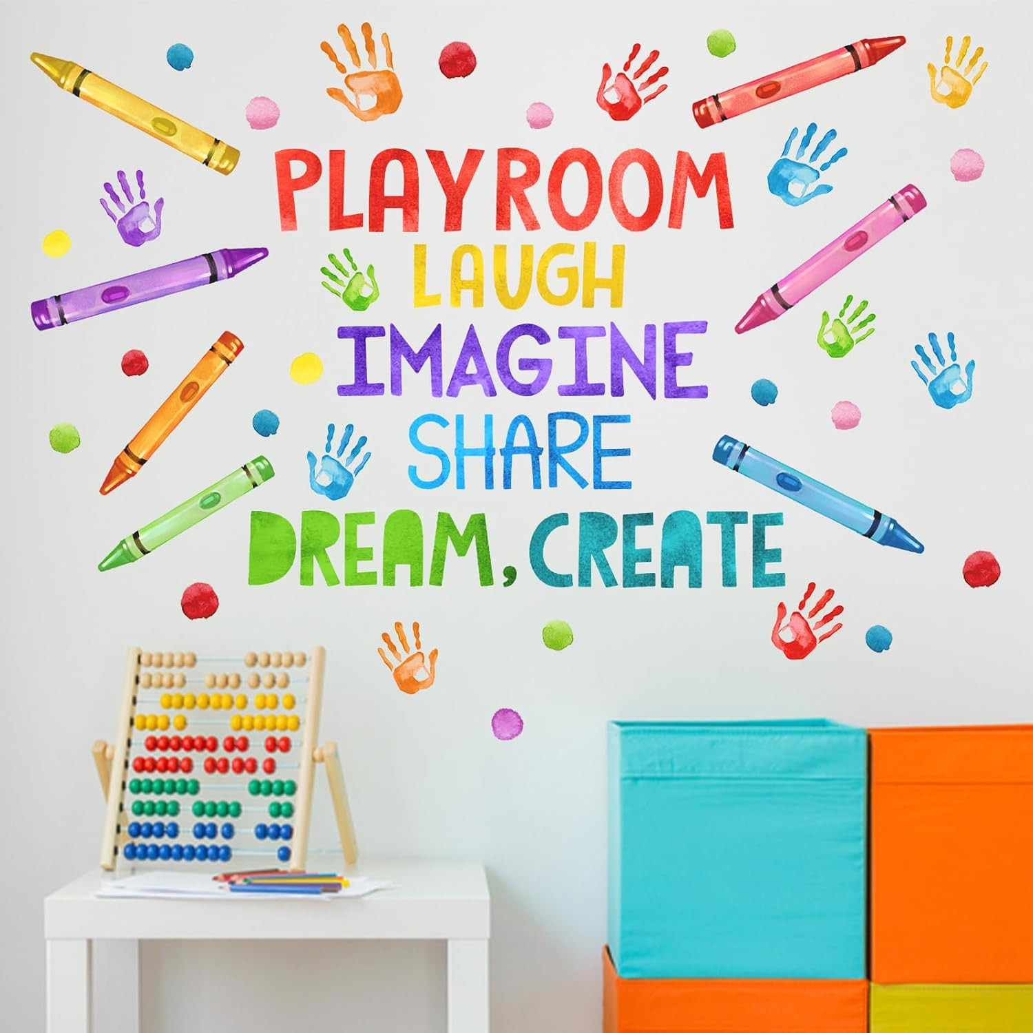 Playroom Wall Decals Stickers, Crayon Handprint Polka Dots Inspirational Quote N