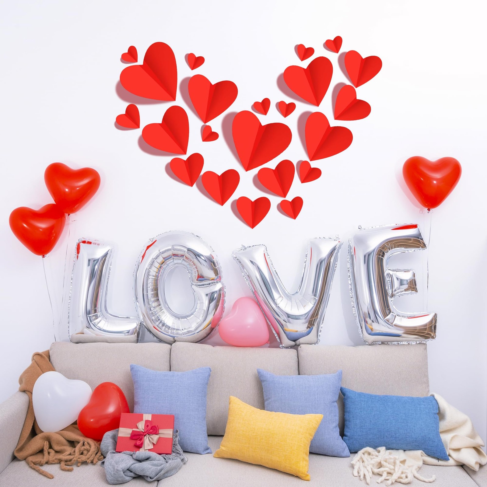 120 Pcs Valentine's Day Wall Stickers, 3D Red Heart Waterproof Decals for Wed…