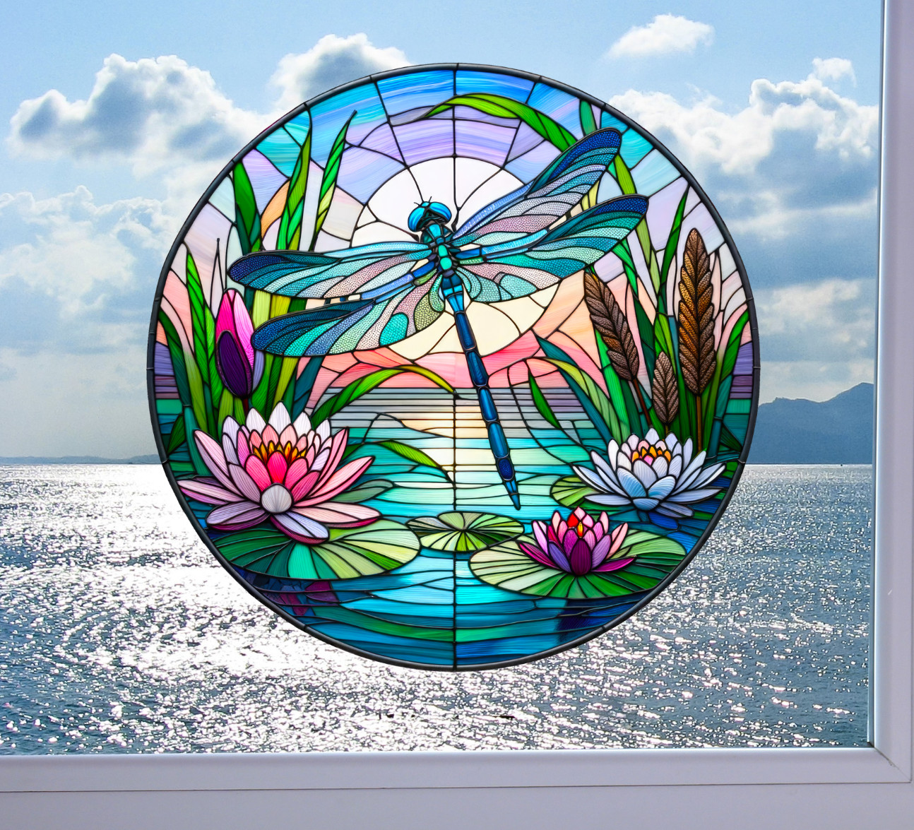 Dragonfly Water Lily Faux Stained-Glass WINDOW CLING Sun-catcher Size 8" Round