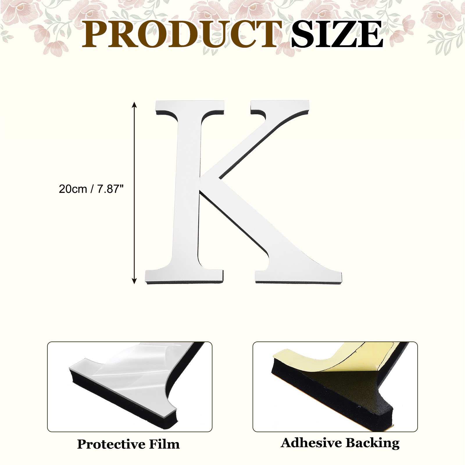 Acrylic Letter K 3D Adhesive Mirror 7.87 Inch Silver