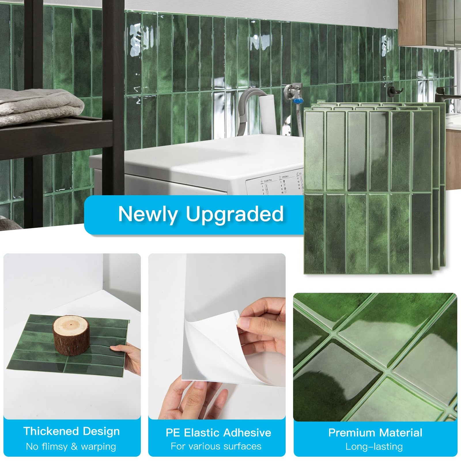 Art3d 11.4 x 9 Inch Heavy-Duty Peel and Stick Backsplash x 9 Inch, Green