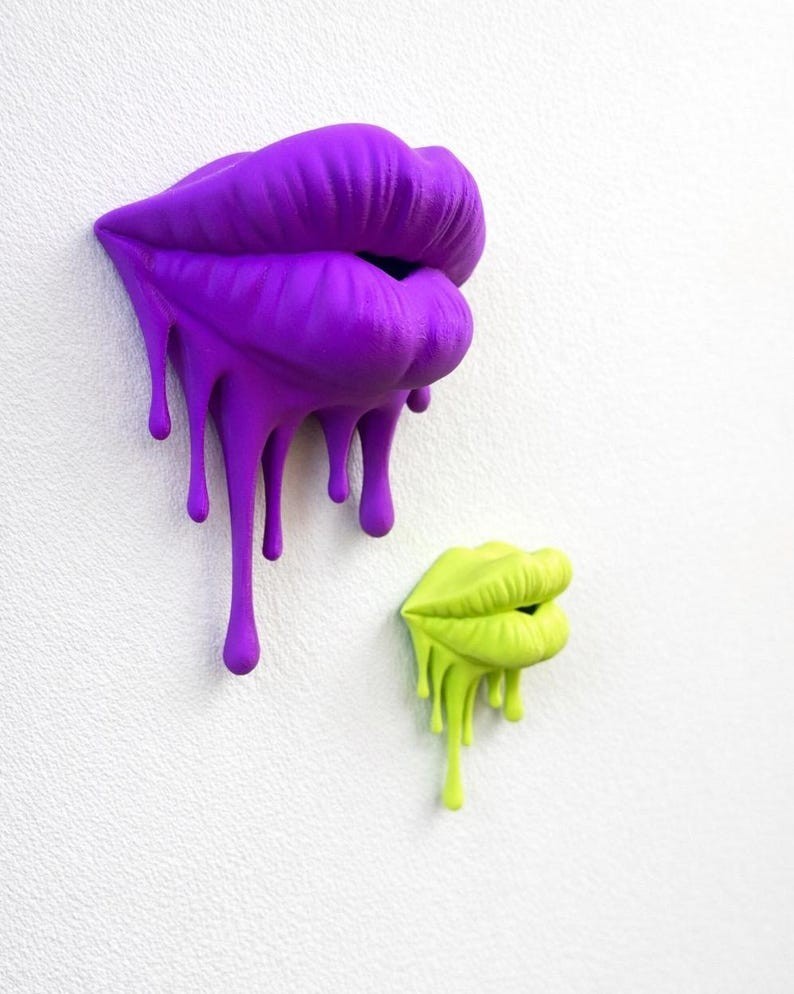 3D Effect Pop Art Lips Wall Decal, Purple & Yellow Dripping Lips Wall Decor