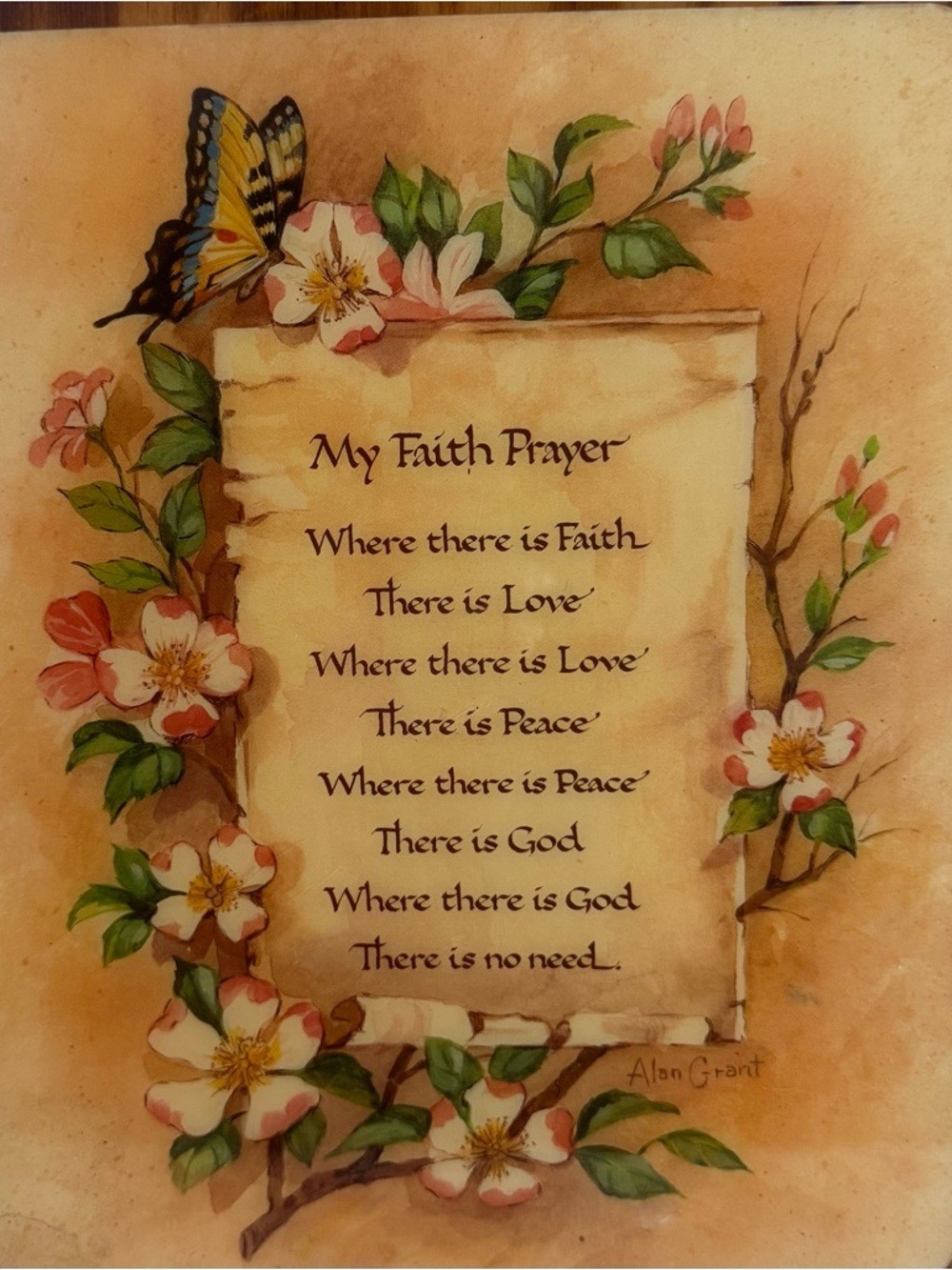 Vintage Wooden Wall Plaque “My Faith Prayer” Floral Butterfly Decor 9.5×11.5