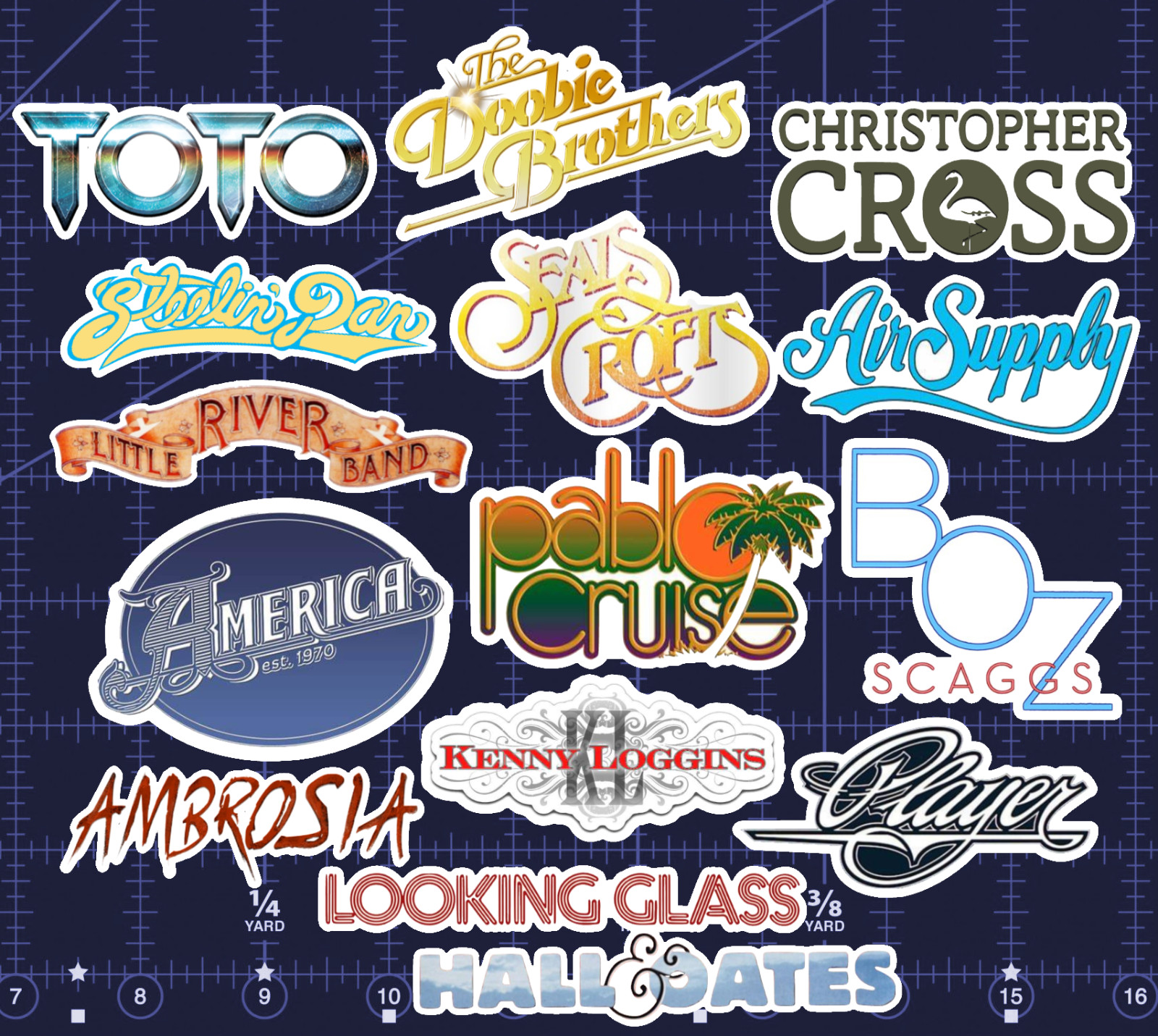 15 Yacht Rock Band Logo Stickers -Clear, Holographic, or White – Cross Steely
