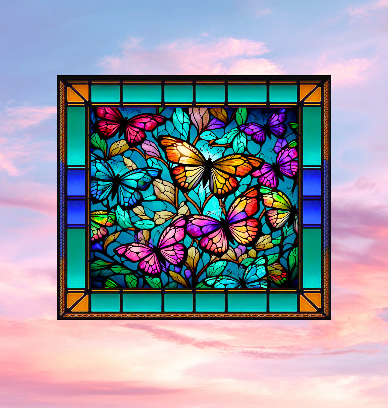 Butterflies Faux Stained-Glass WINDOW CLING Size 9" Repositionable Vinyl