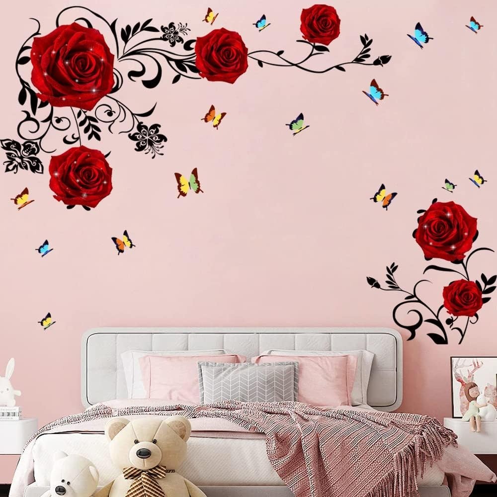 Red Rose Wall Stickers Floral Vinyl Decal for Bedroom Living Room Reusable
