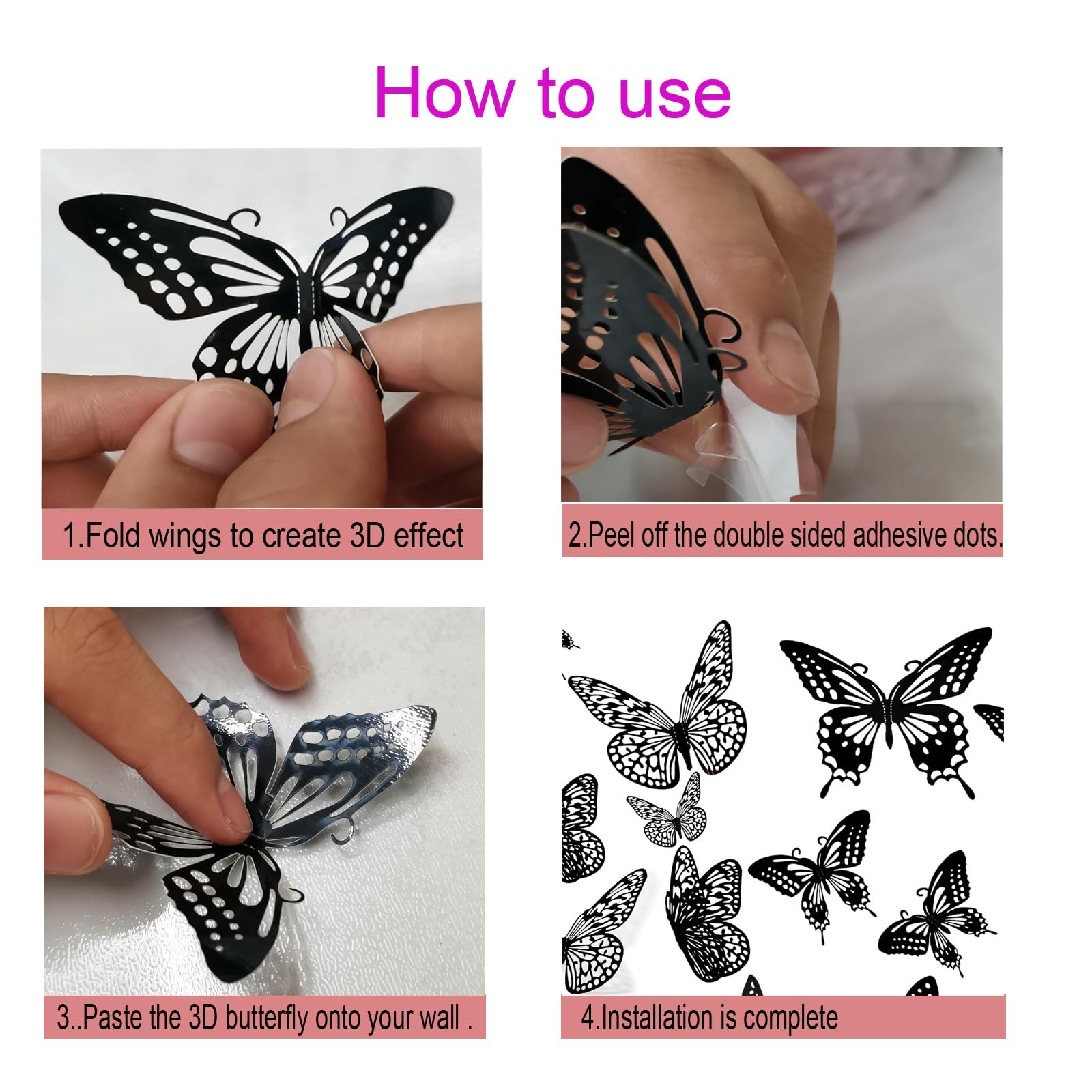 3D Black Butterfly Wall Stickers – 48 Pcs with 4 Styles & 3 Sizes, Removable …