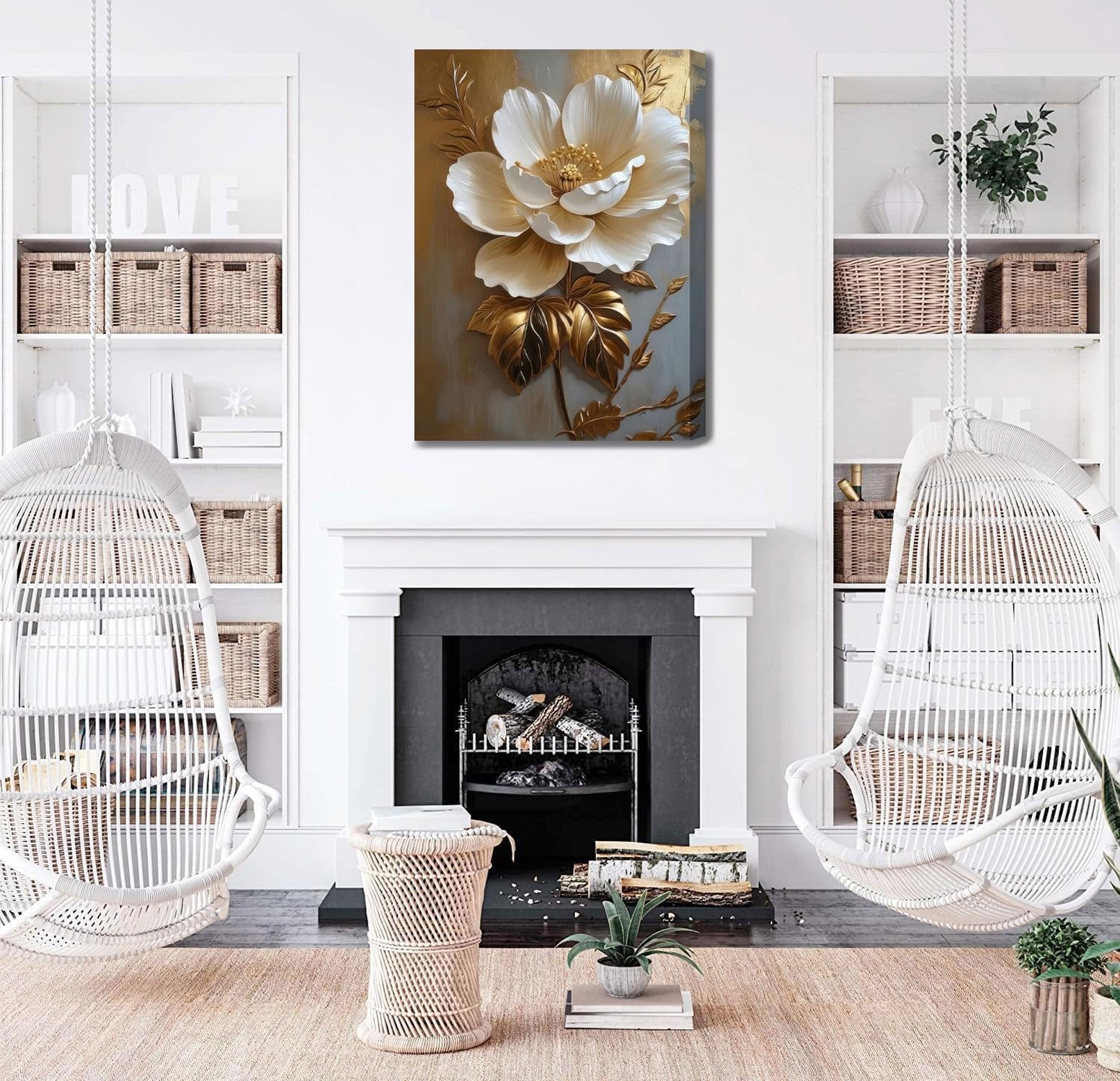 Flower Pictures Canvas Wall Art White Gold Flowers Elegant Wall Decor Picture…