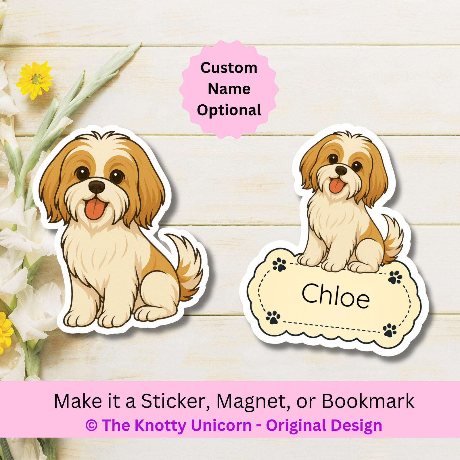 Personalized Shih Tzu Dog Sticker Magnet Bookmark – Gold and White