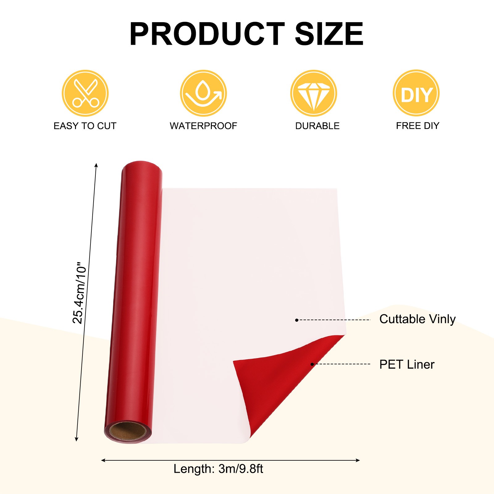 Red Permanent Vinyl, 10 Inch x 9.8ft Vinyl Roll