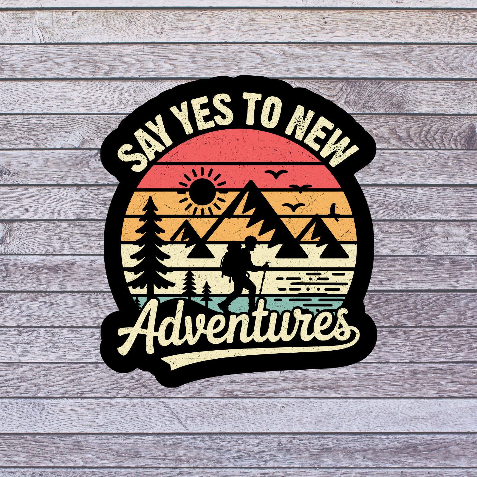 Adventure sticker vinyl decal say yes to new adventures hiker mountains sunset