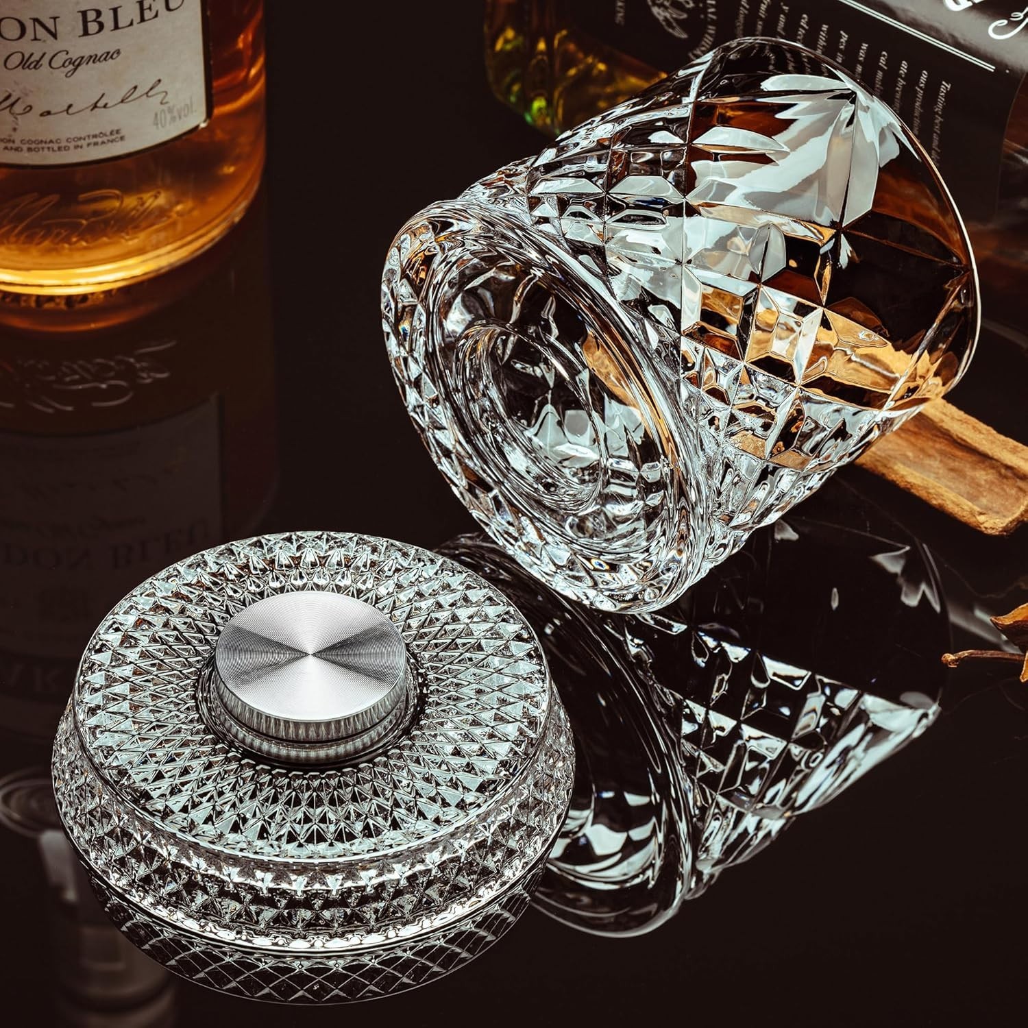Spinning Whiskey Glasses Set of 4 with Iceball Molds, 9.5Oz Lead-Free Rotatable