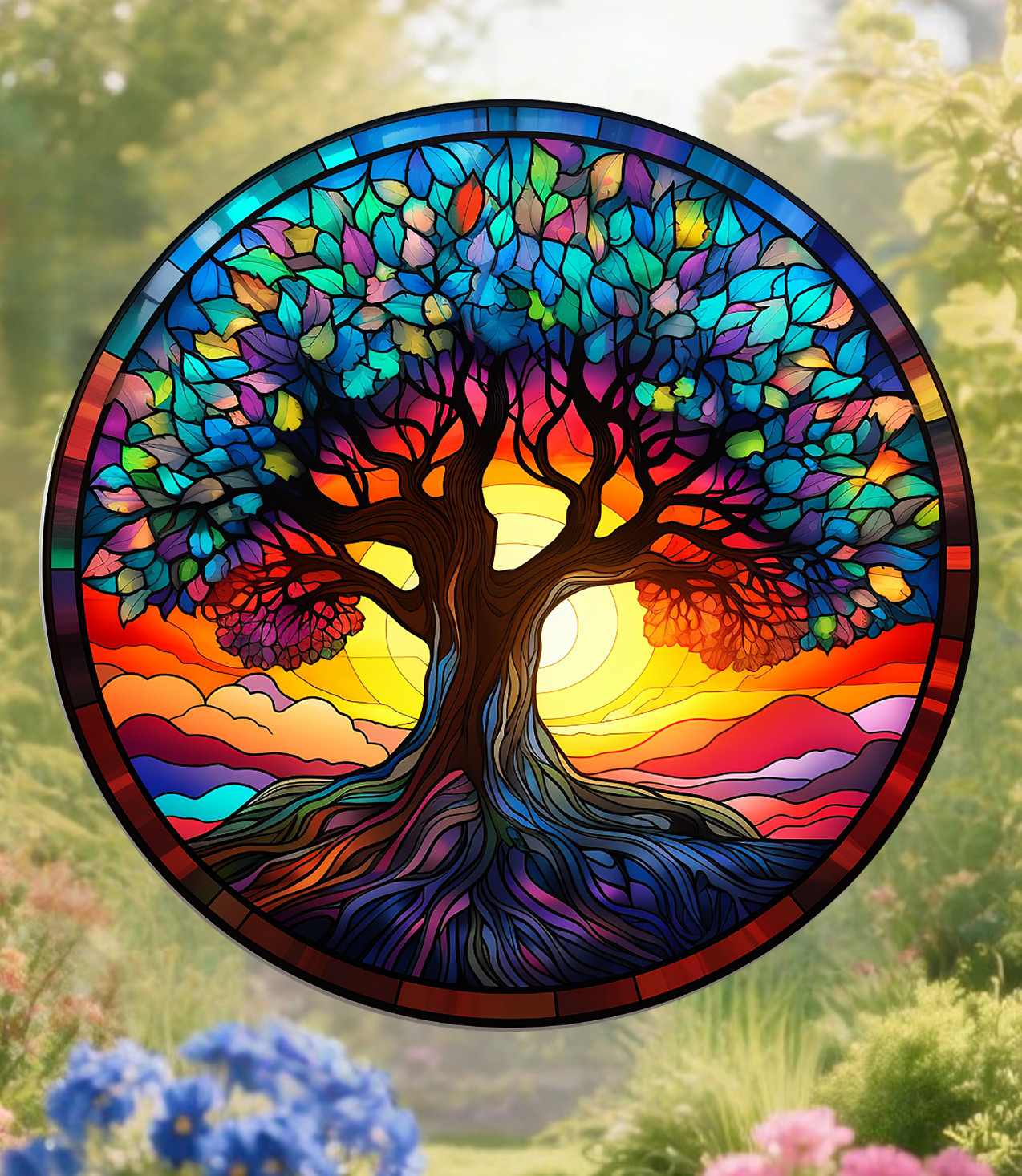 Tree of Life Round Faux Stained-Glass WINDOW CLING Size 8" Round Vinyl