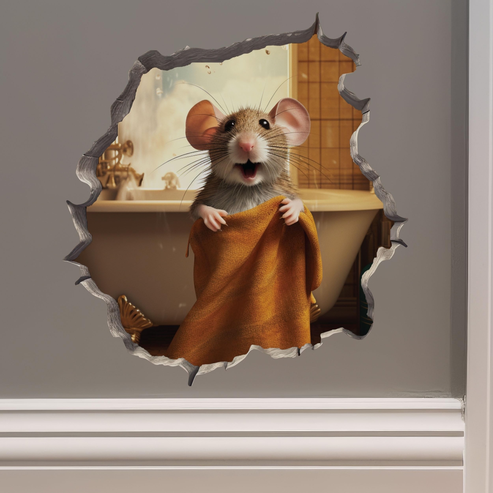 Bathroom Towel Mouse Wall Hole Decal – Wall Sticker with 3D Effect – Fun Gift…