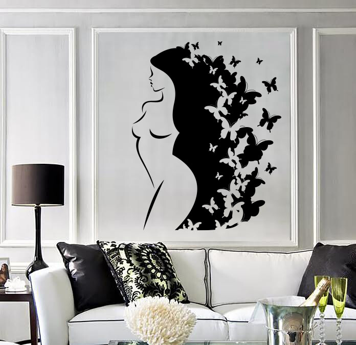 Wall Vinyl Decal Sticker Silhouette Beautiful Girl long Hair Butterflies (n1761)