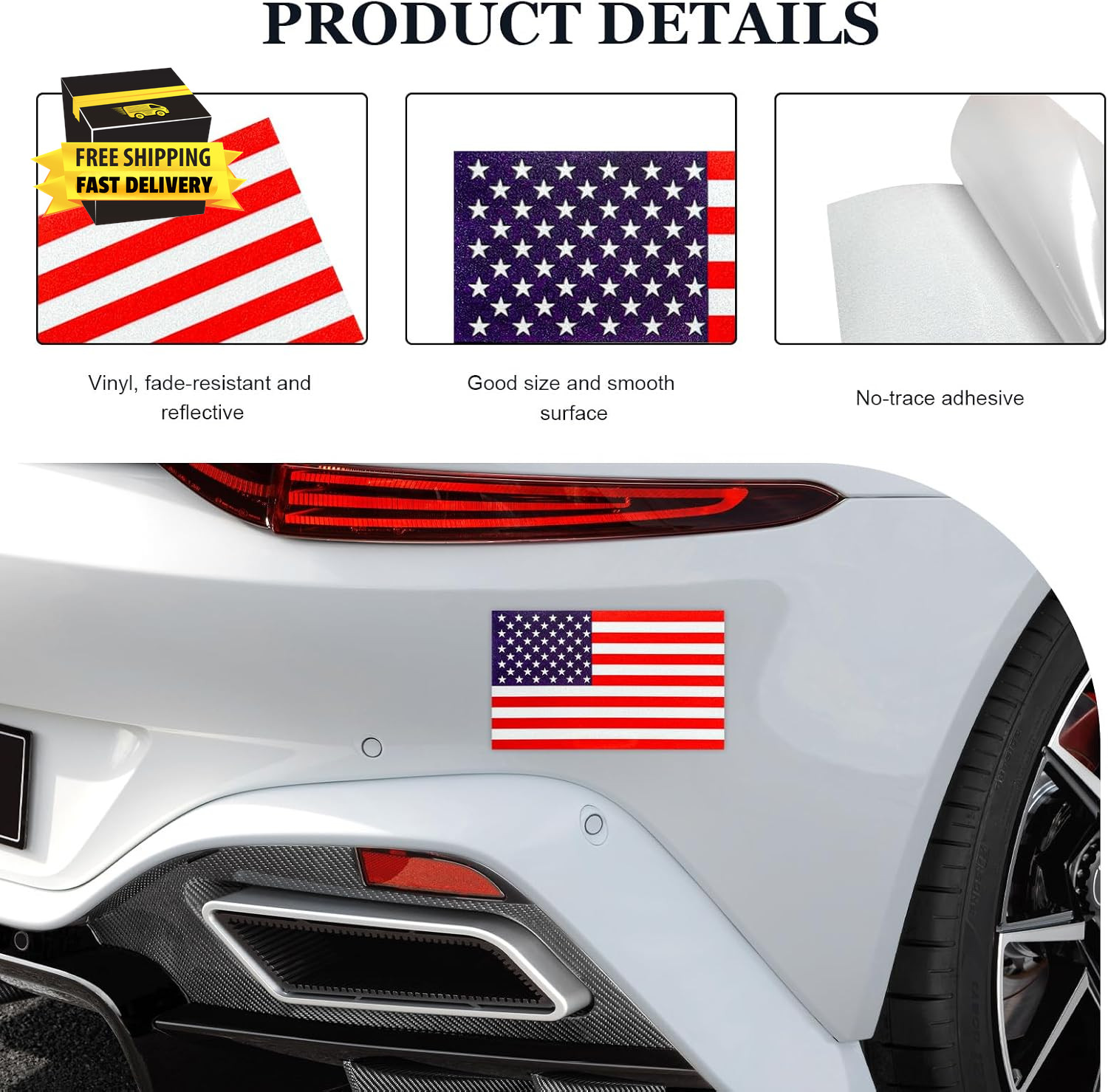 3PCS Reflective American Flag Stickers, 5"×3" Waterproof Vinyl Decal US National