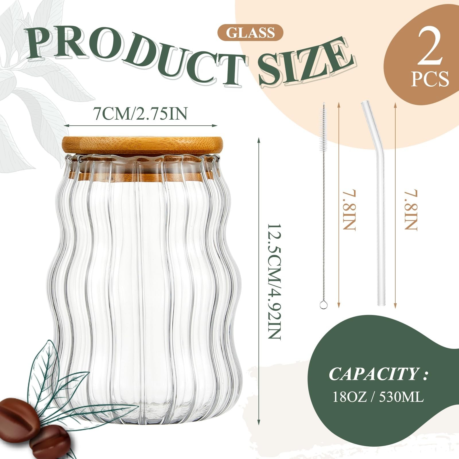 Domensi 2 Pcs 18 oz Creative Glass Cups with Lids and Straws Wave Shape Cute …