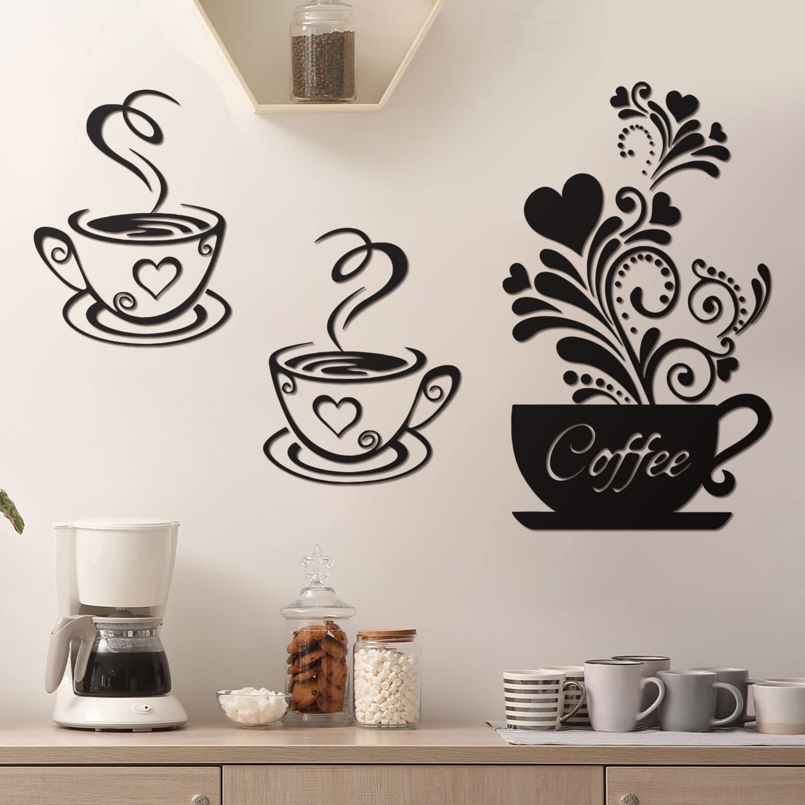 Kitchen Wall Decor Sticker Coffee Tea Cup Flower Wall Art Decor Sticker Black…
