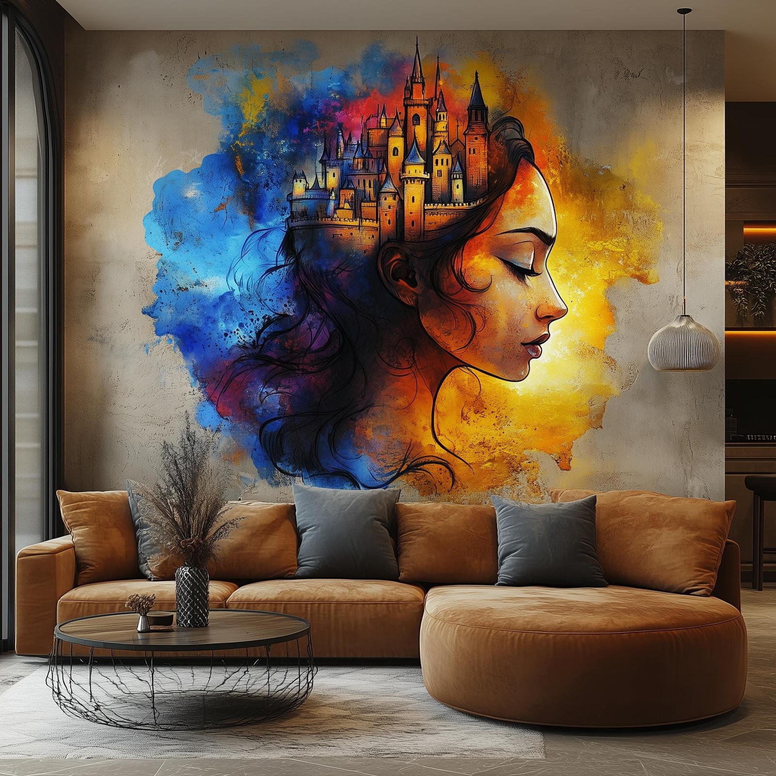 Fantasy Castle Wall Art Sticker – Vibrant Woman Portrait Vinyl Decal for Living
