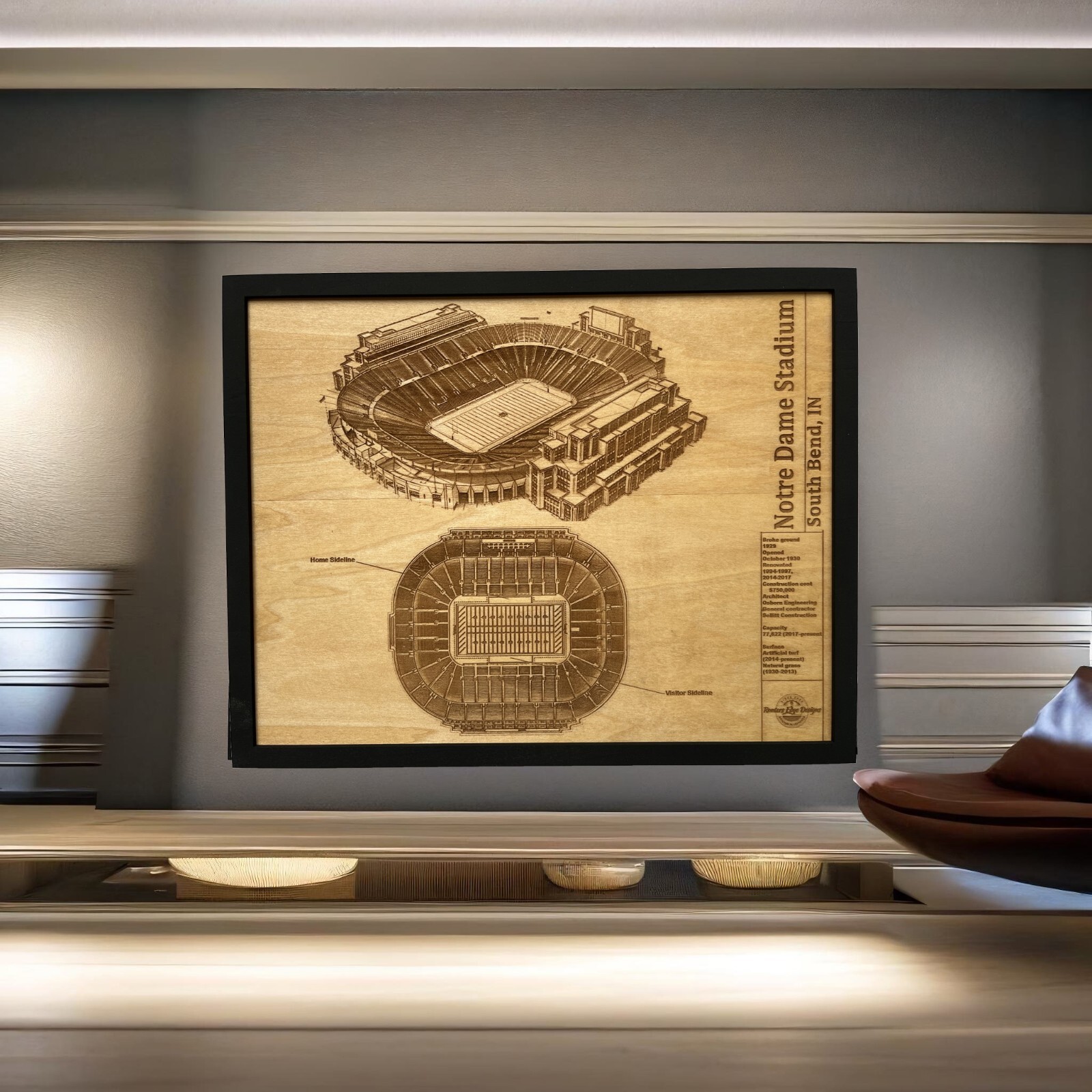 Notre Dame Stadium South Bend, IN Wood Engraved Blueprint
