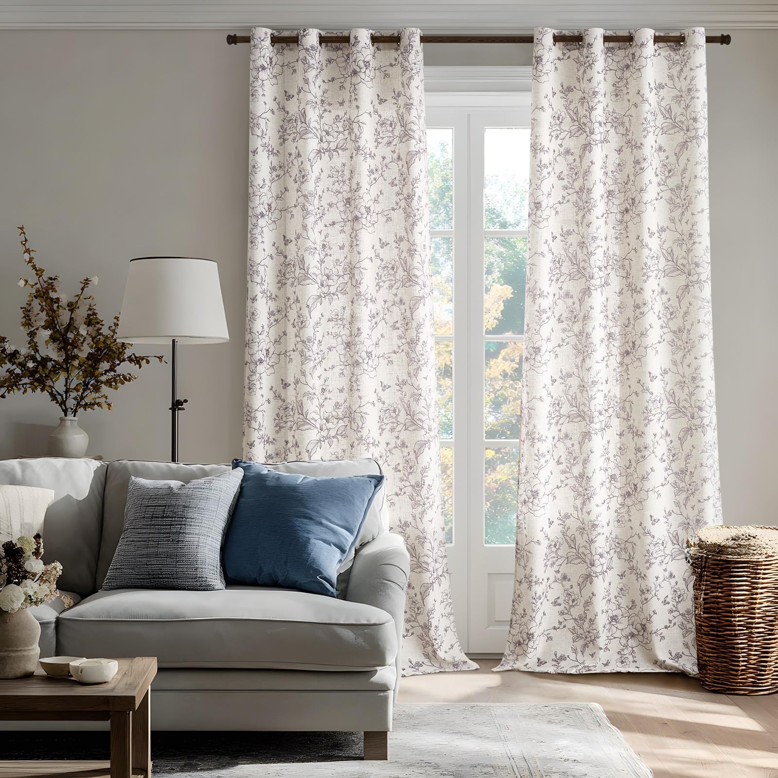 GIGIZAZA Purple Floral Curtains 108 Inch 2 Panels, Linen Blend Living Room Se…