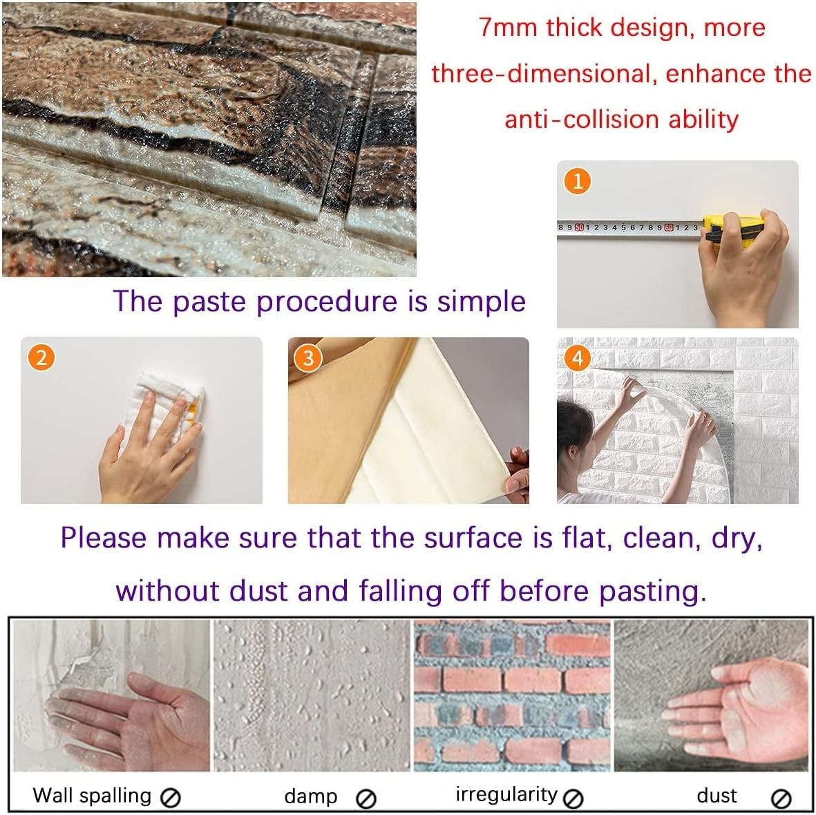 Decorative 7mm Thick Anti-Collision Brick Panels, Easy Peel and Stick, 10-Pack