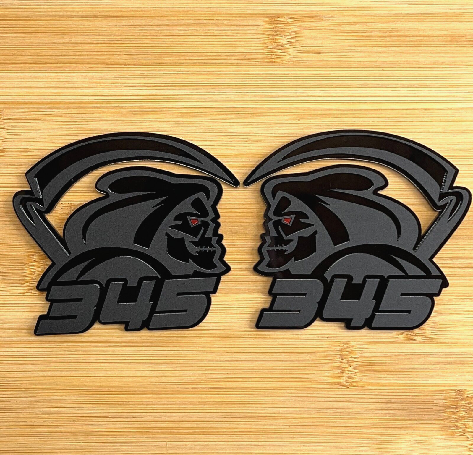 Red Eye Reaper 345 Car Truck Emblem Badge Matte Black on Black Custom Pack of 2