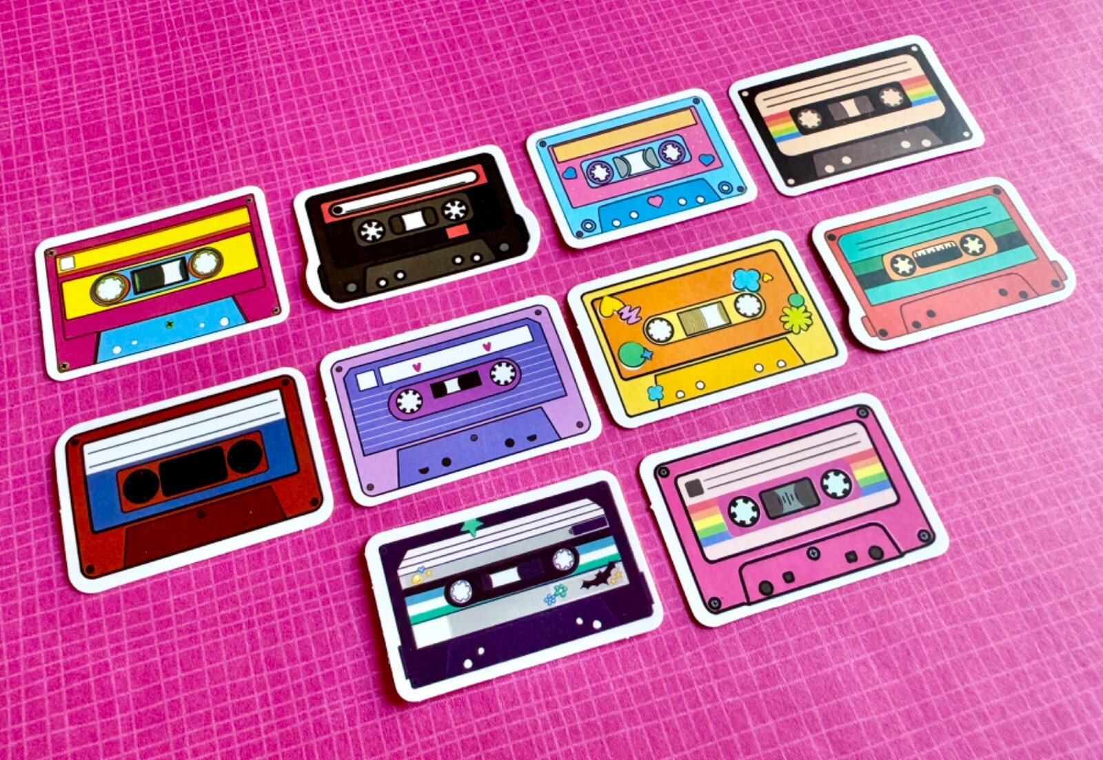 New 80s Style Mini Cassette Tape Waterproof Stickers Set of 10 – 1.75” x 1.25”