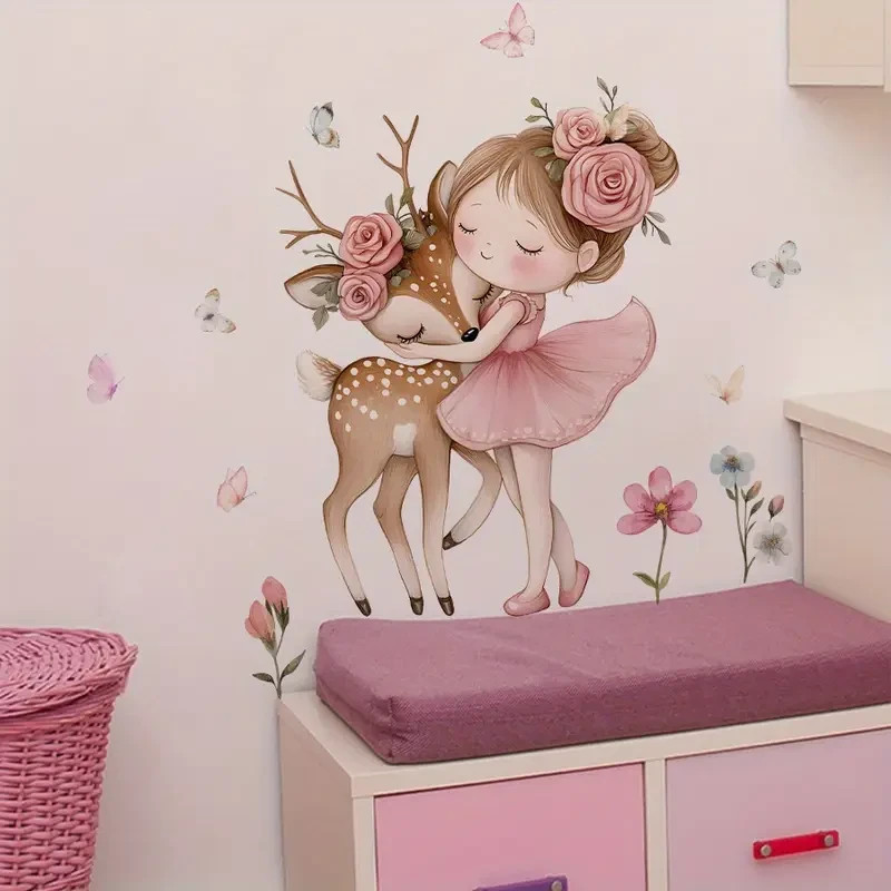 New Pink Ballerina Wall Decal Art Stickers Girl Deer Flowers Self-Adhesive 107