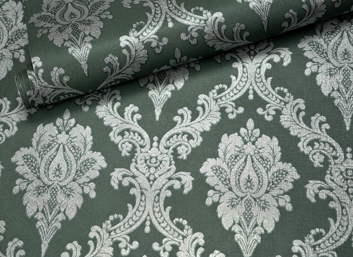 J1280-10M Damask Peel and Stick Wallpaper 17.7inx 32.8ft Lake Green/Silver Re…