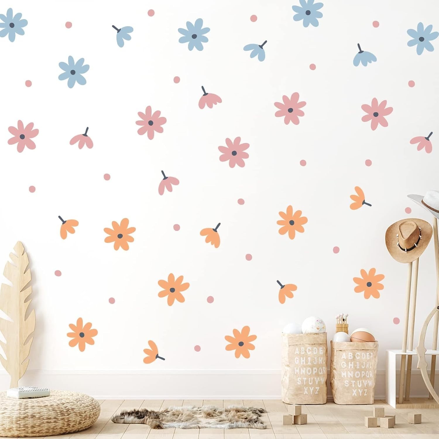 Waterproof Floral Wall Decals – Retro Daisy Decor for Kids' Rooms, 44 Stickers