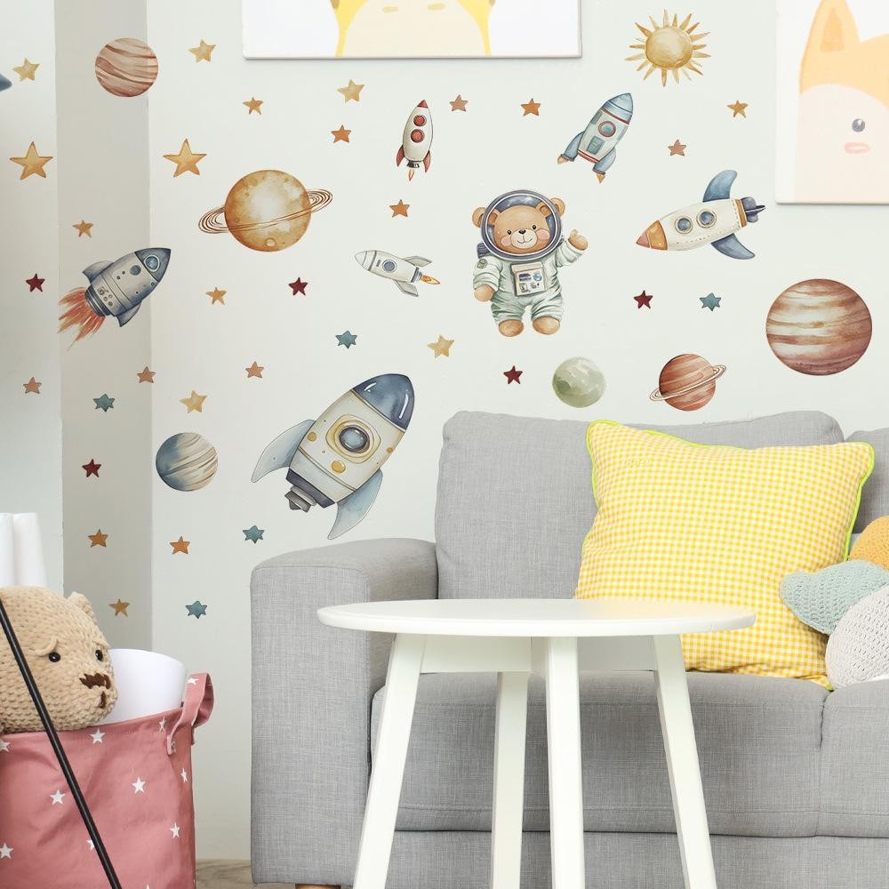 Cartoon Bear Astronaut Rocket Wall Decal – Removable Kids Room Nursery Decor