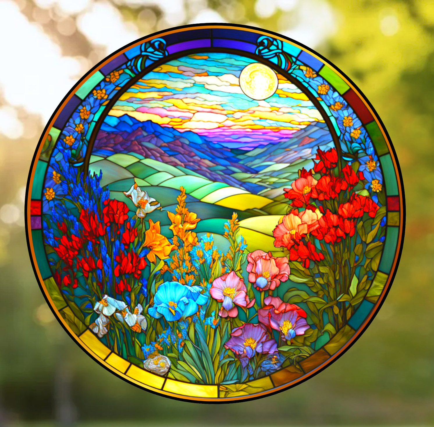 Wildflowers Faux Stained-Glass WINDOW CLING Size 8" Round Vinyl