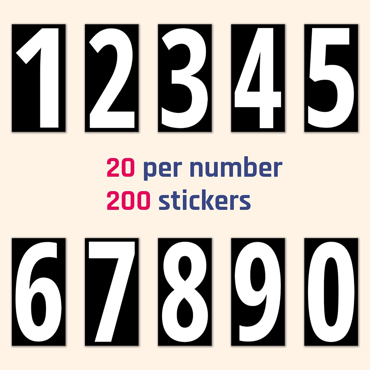 200 pegatinas de vinilo con números de 7,6 cm (3"), resistentes al agua