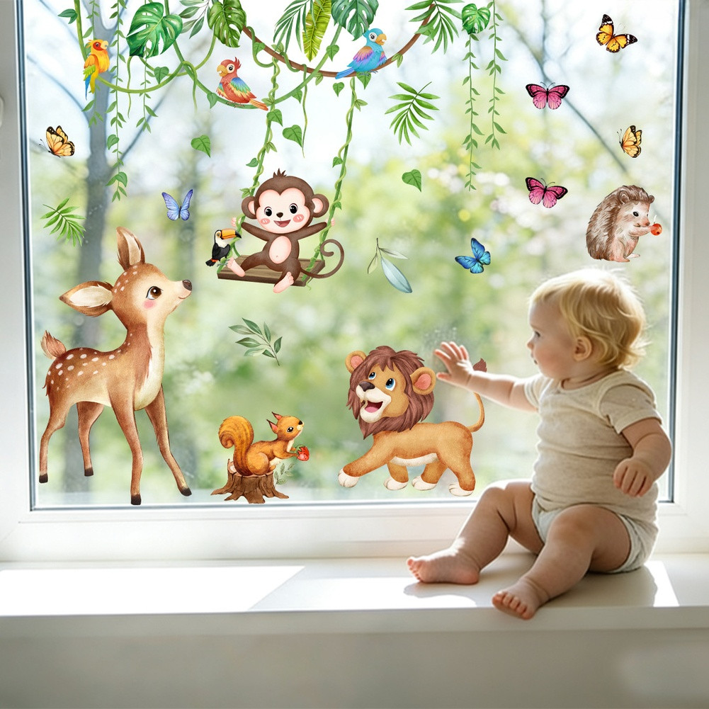 Static Window Sticker Tropical Rainforest Animals for Smooth Indoor Surfaces