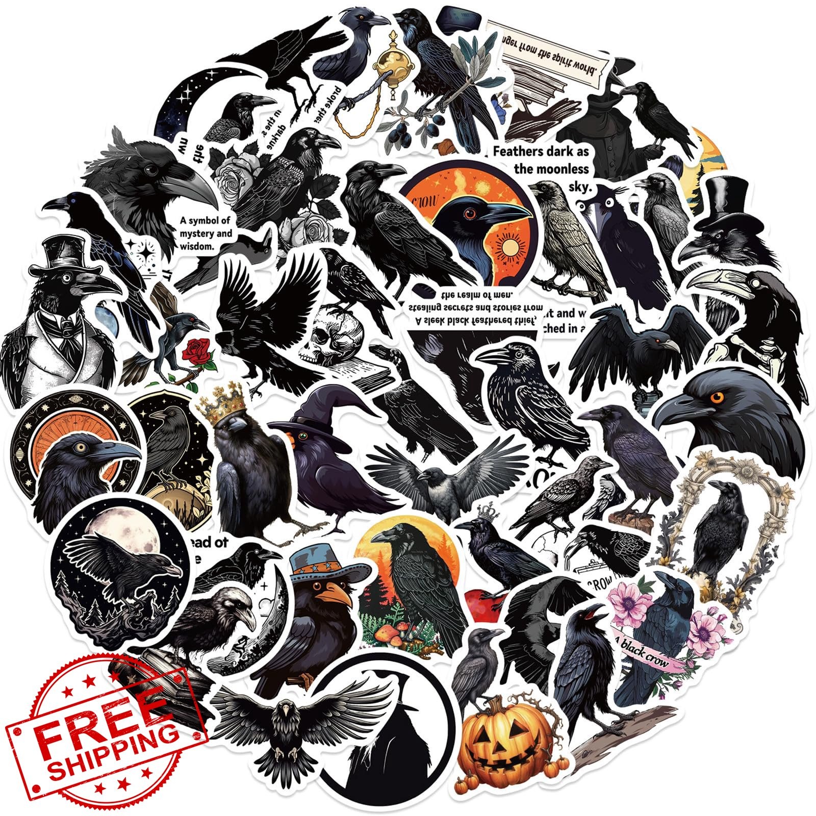 50 Gothic Crow Raven Stickers Waterproof Vinyl Halloween Party
