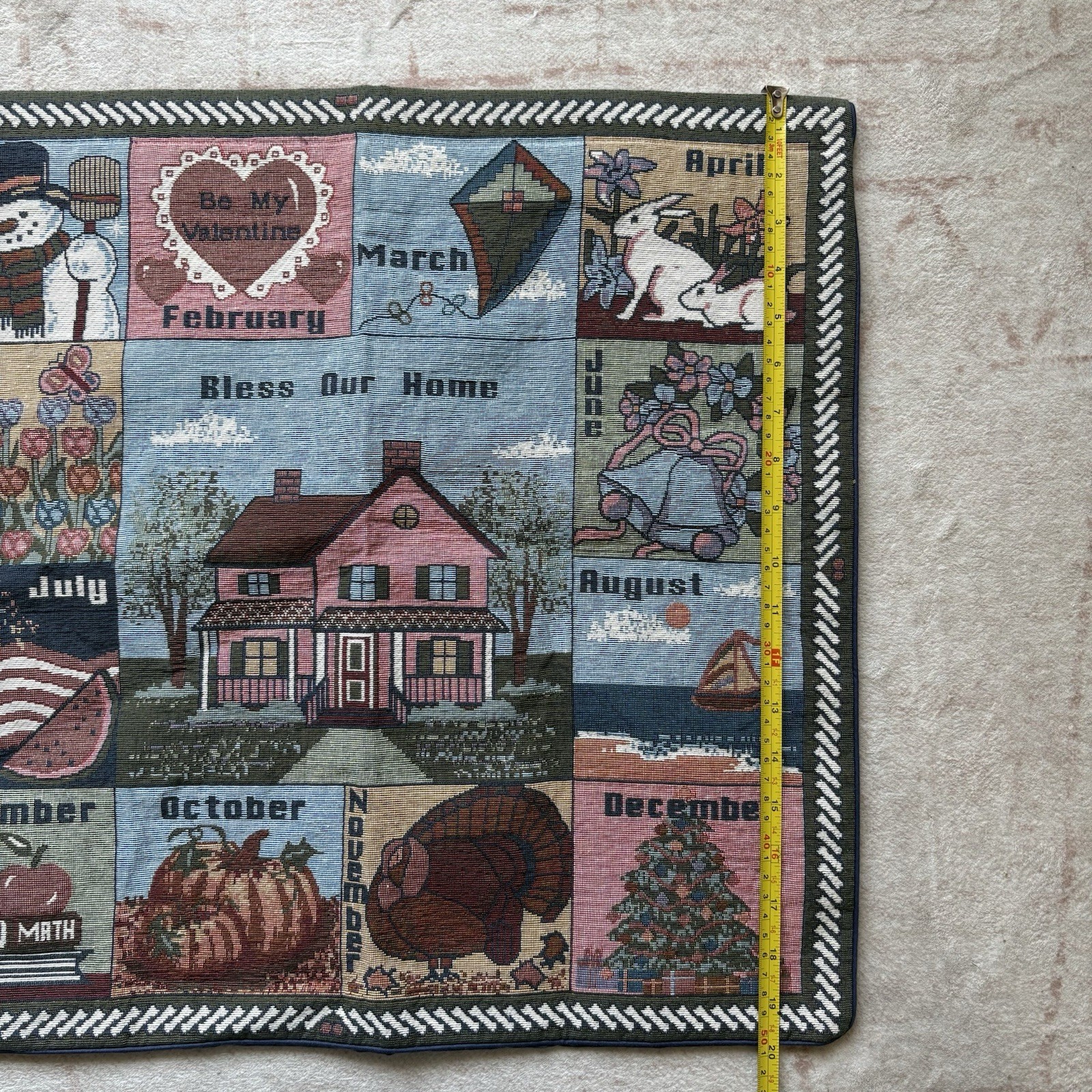 Vintage Bless Our Home 12 Months Woven Tapestry Wall Hanging Table Topper 20”