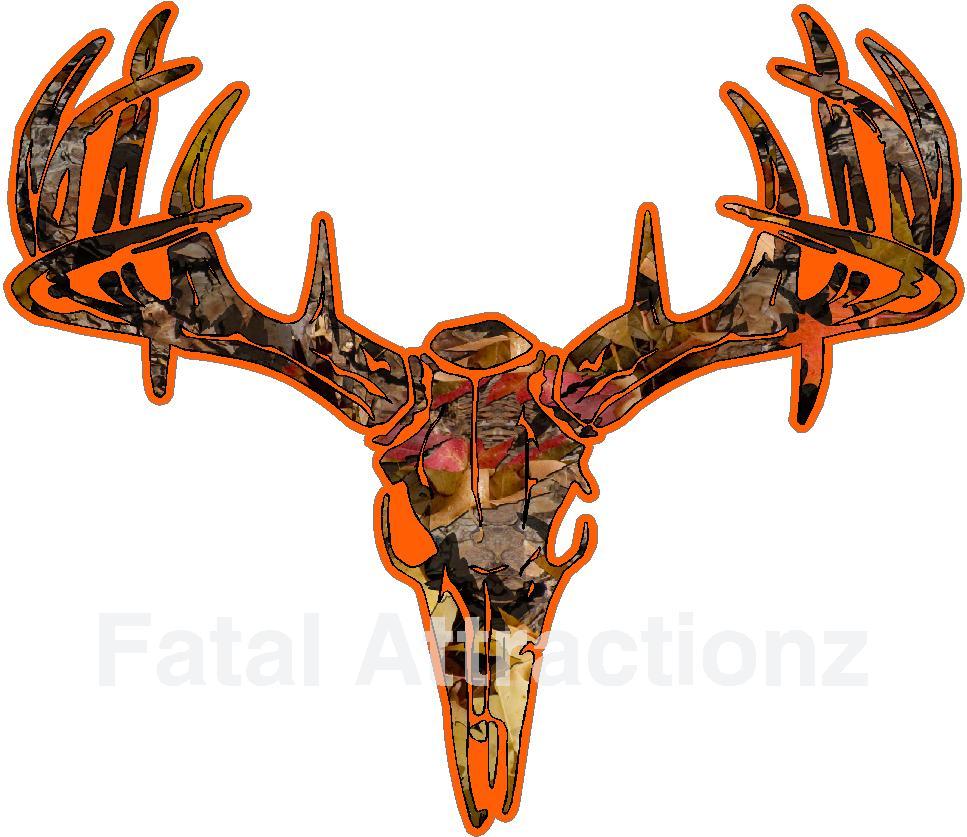 Orange Fall Camo Deer Skull S4 Vinyl Sticker Decal Hunting Buck whitetail rack