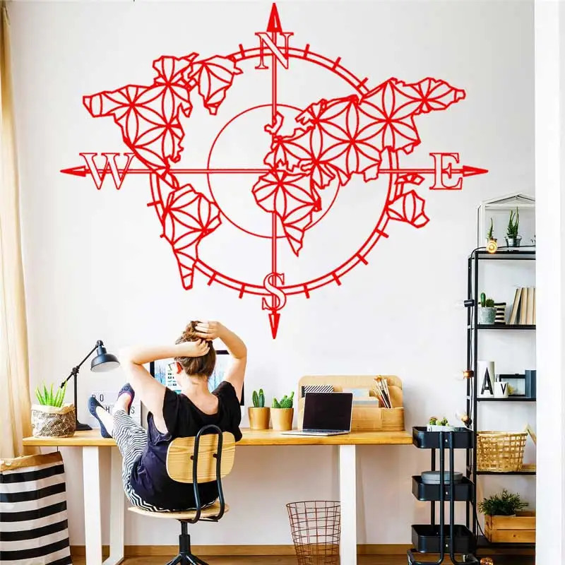 Flower of Life World Map Compass Vinyl Wall Sticker Home Boho Art Wall Modern