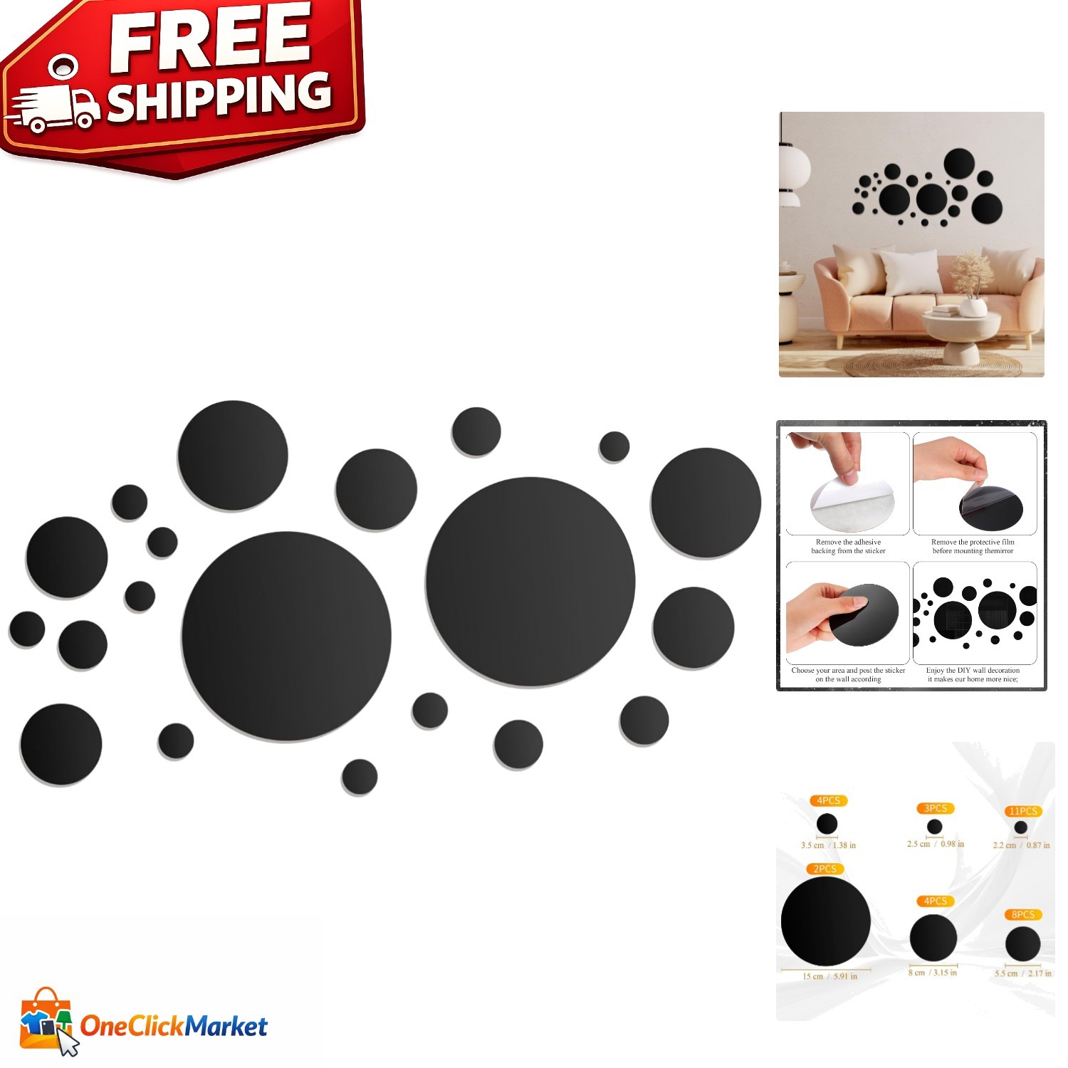 Removable Black Circle Mirror Tiles – 32 Pcs Acrylic Wall Decals for Interiors
