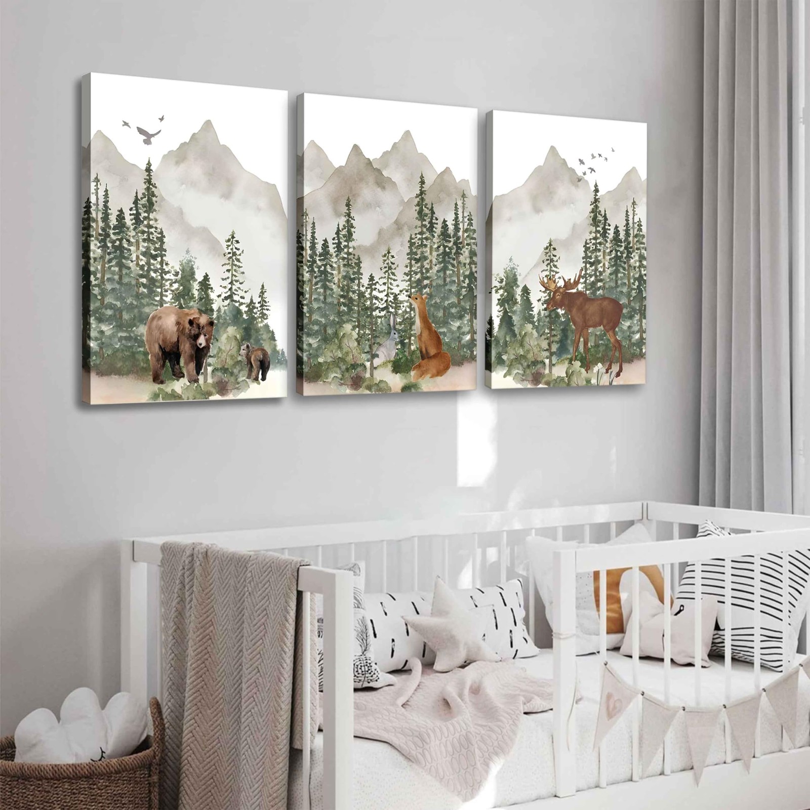 3Pcs Woodland Nursery Wall Art Wild Animals Posters Pictures Foggy Forest Can…
