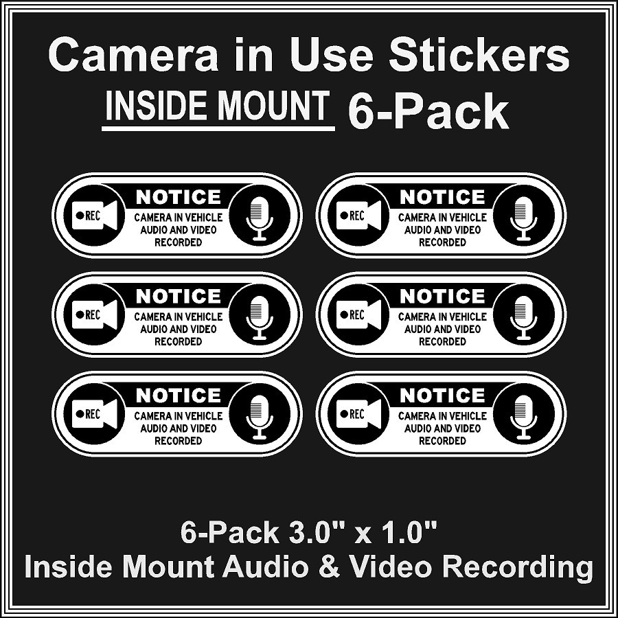 Camera in Car Recording Video 6-Pack INSIDE MOUNT Decals White Black 3.0" x 1.0"