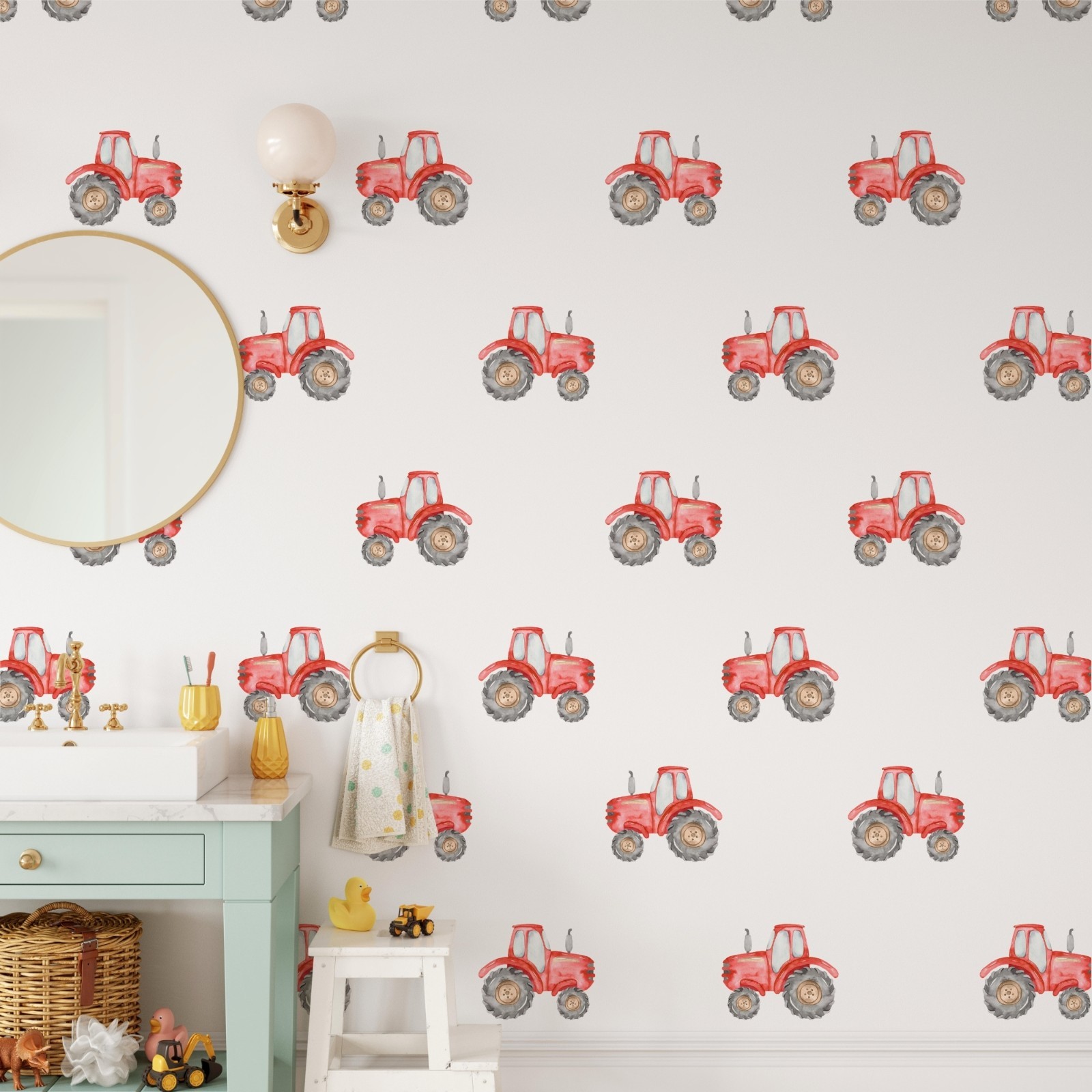 X-SMALL Red Tractor Wall Decals Set Watercolor Farm Vehicle Stickers Removable