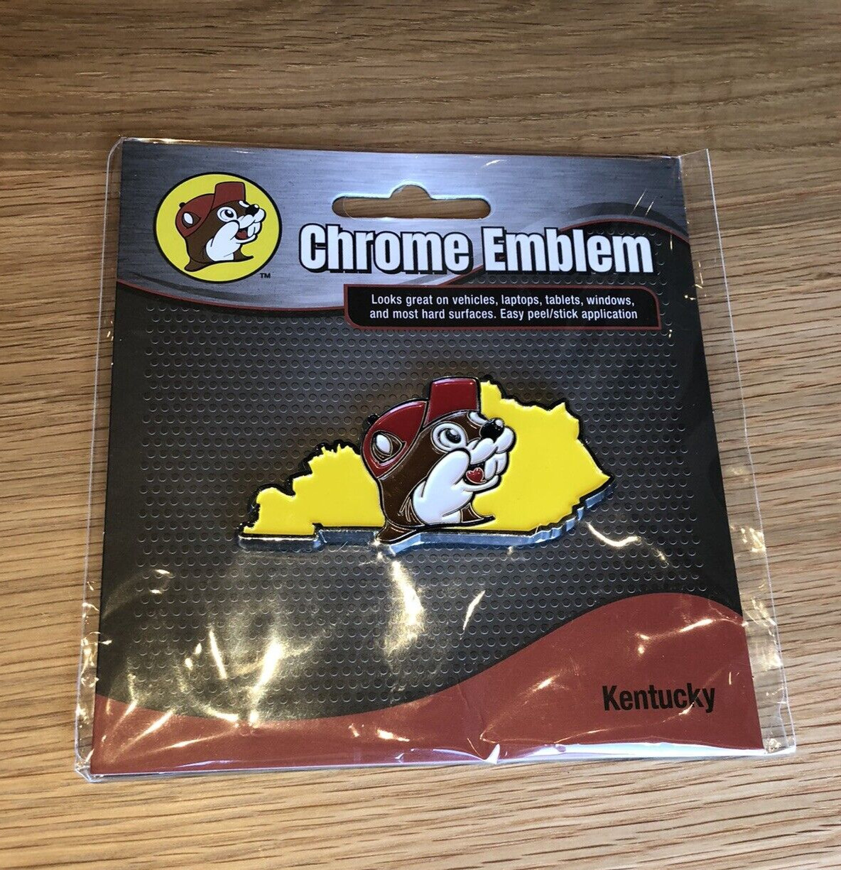 Buc-ee's Adhesive Chrome Emblem- Kentucky Shape- For Vehicles Laptops 1.5 x 3 in