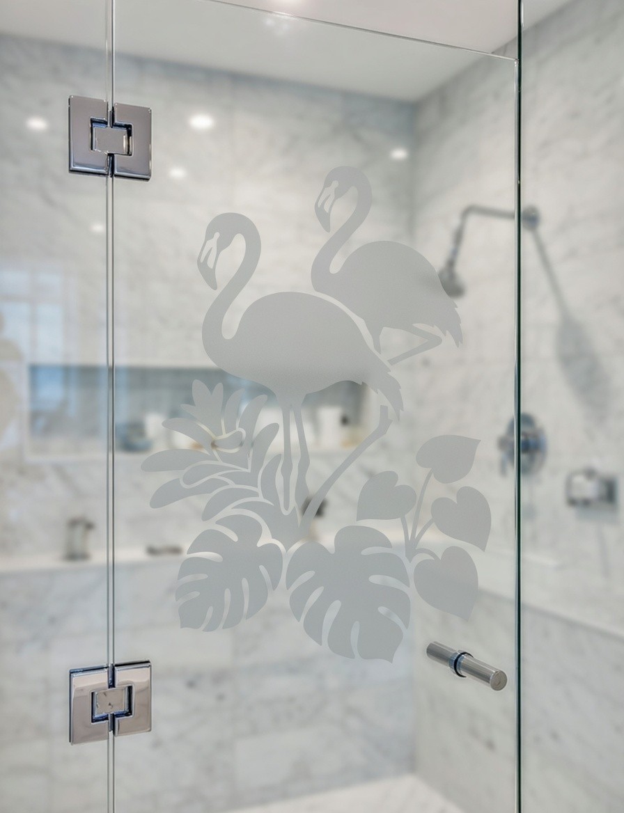 Flamingo Tropical Etched Glass Look Decal Shower Door Windows 22" wide x 30"